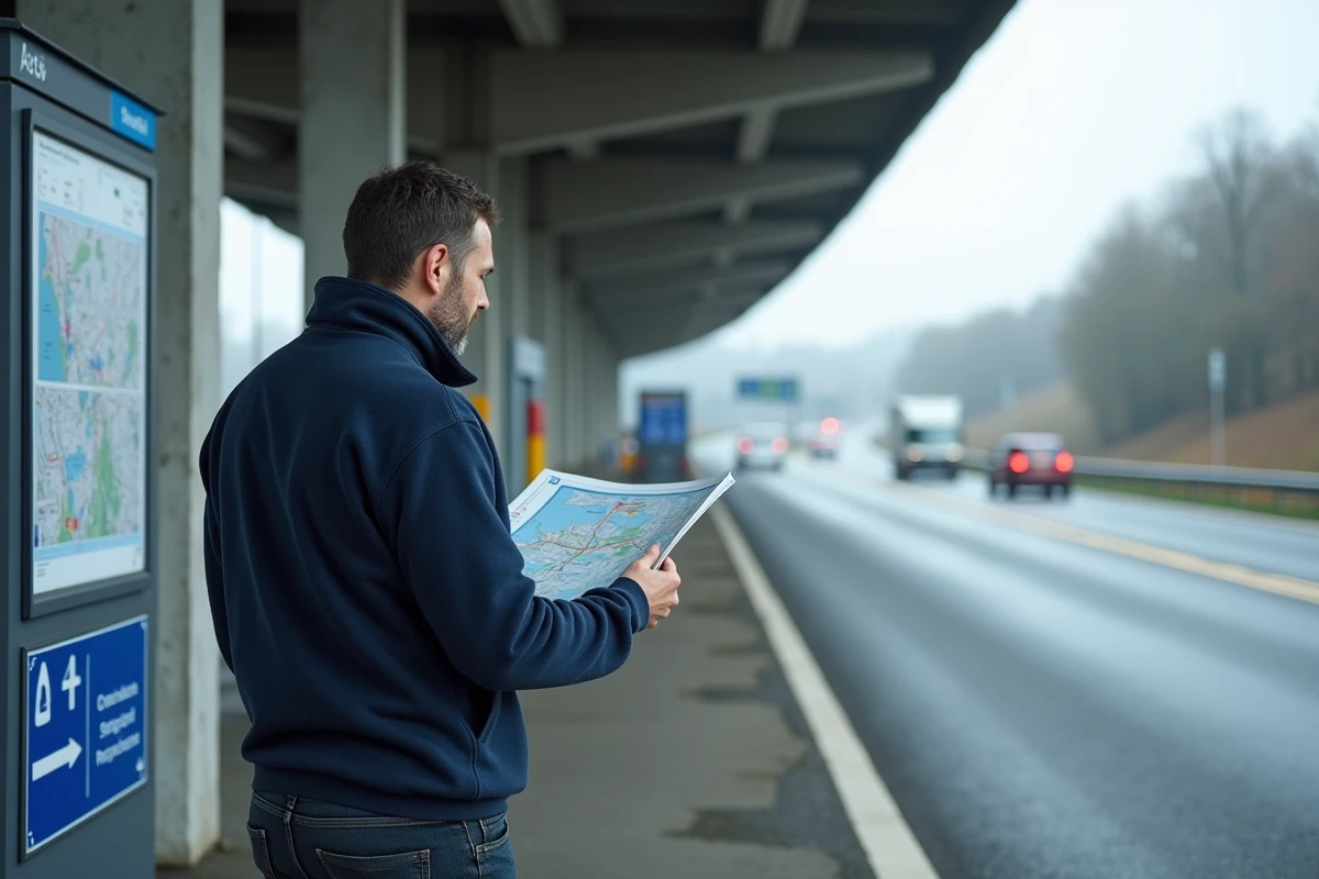 Homme étudiant une carte des autoroutes françaises et des aires de repos à un panneau d'information en bord de route