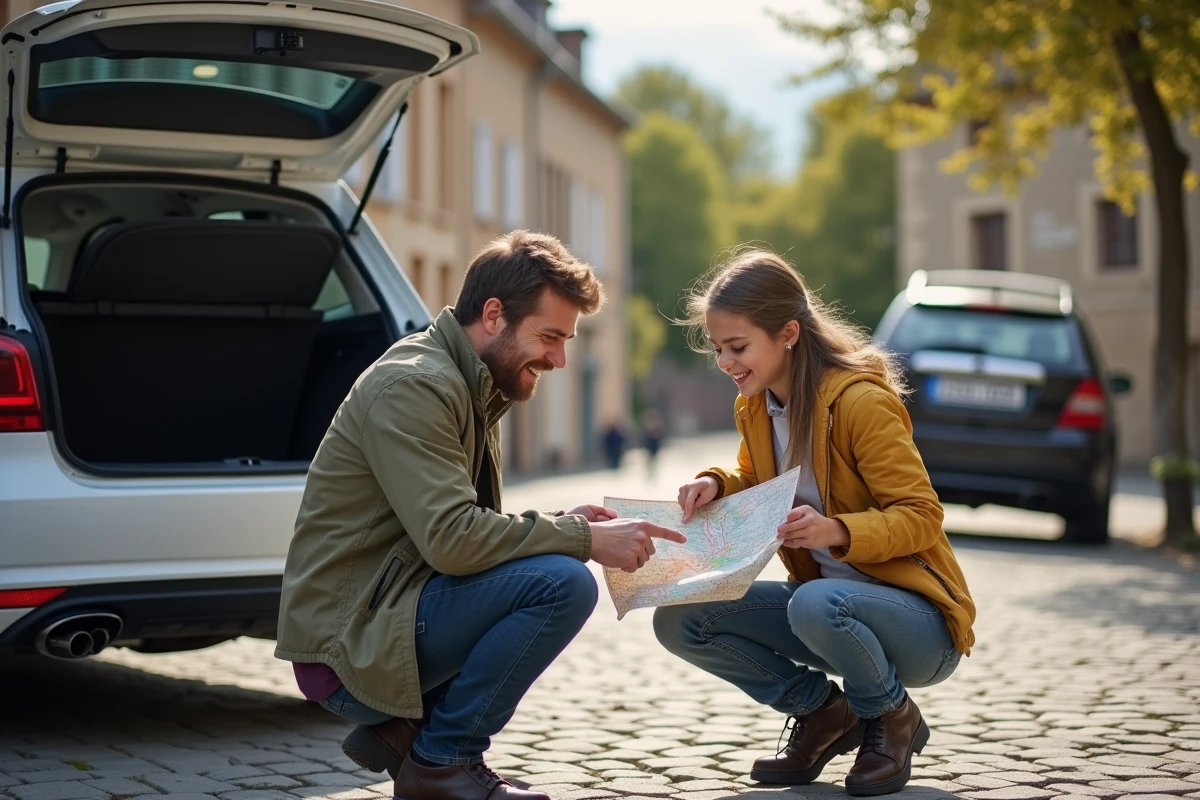 Père et fille partageant une carte dans une ville française
