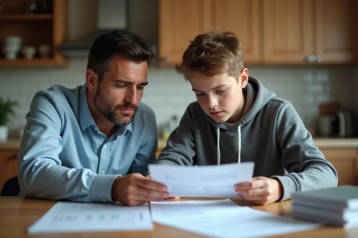 Père et fils examinant documents d