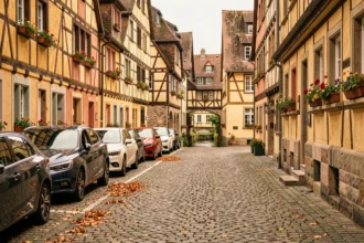 Parking en centre-ville de Colmar avec maisons à colombages alsaciennes en arrière-plan et pavés au sol