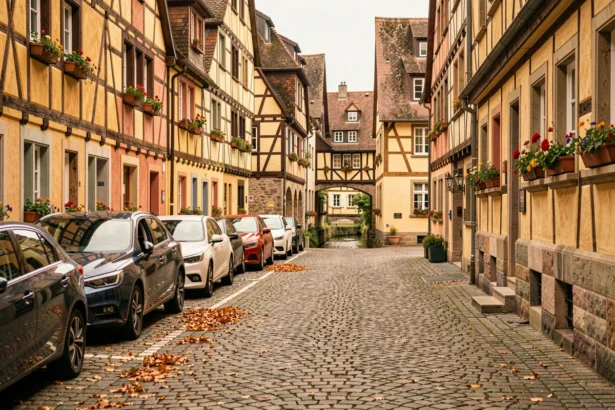 Parking en centre-ville de Colmar avec maisons à colombages alsaciennes en arrière-plan et pavés au sol