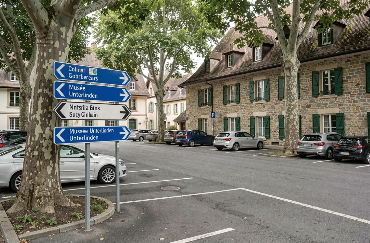 Parking municipal de Colmar avec panneaux indiquant le musée Unterlinden et la vieille ville