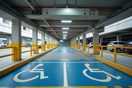 Emplacement PMR balisé dans un parking couvert avec signalétique d'accessibilité et marquage au sol en bleu