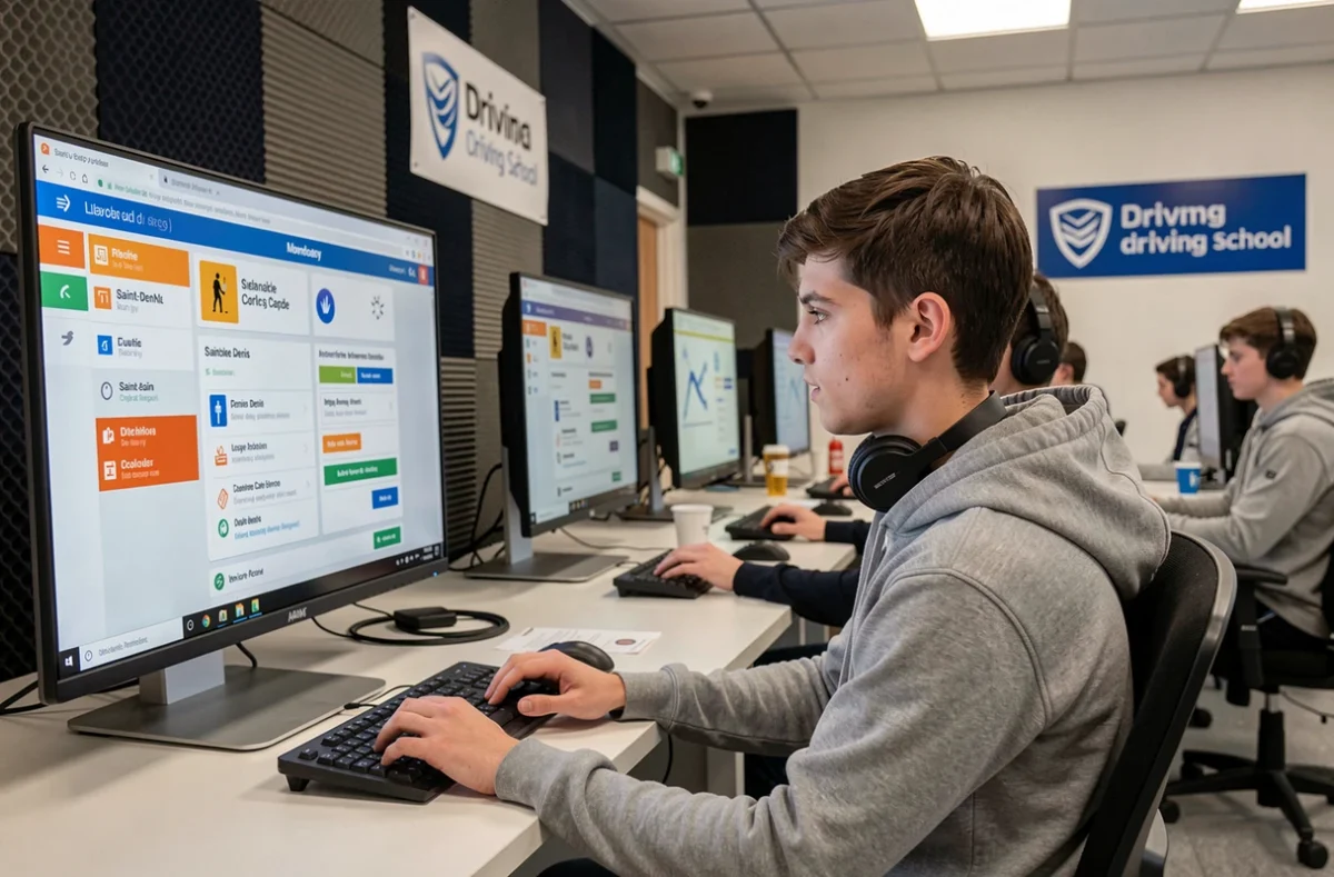 Élève de Permis 2.0 à Saint-Denis travaillant sur un terminal numérique pour le code de la route