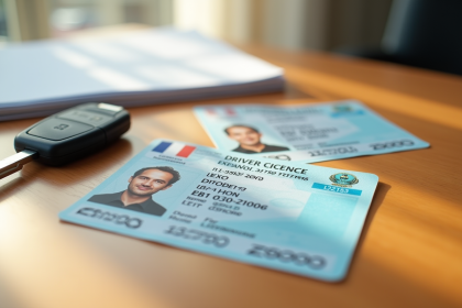 Permis de conduire français avec clé de voiture sur bureau lumineux