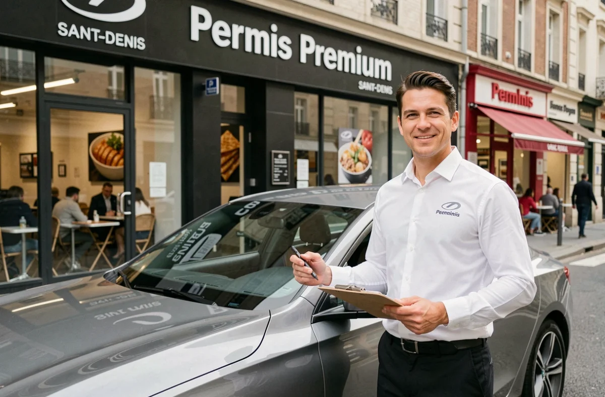 Moniteur de Permis Premium devant leur agence dans une rue commerçante de Saint-Denis