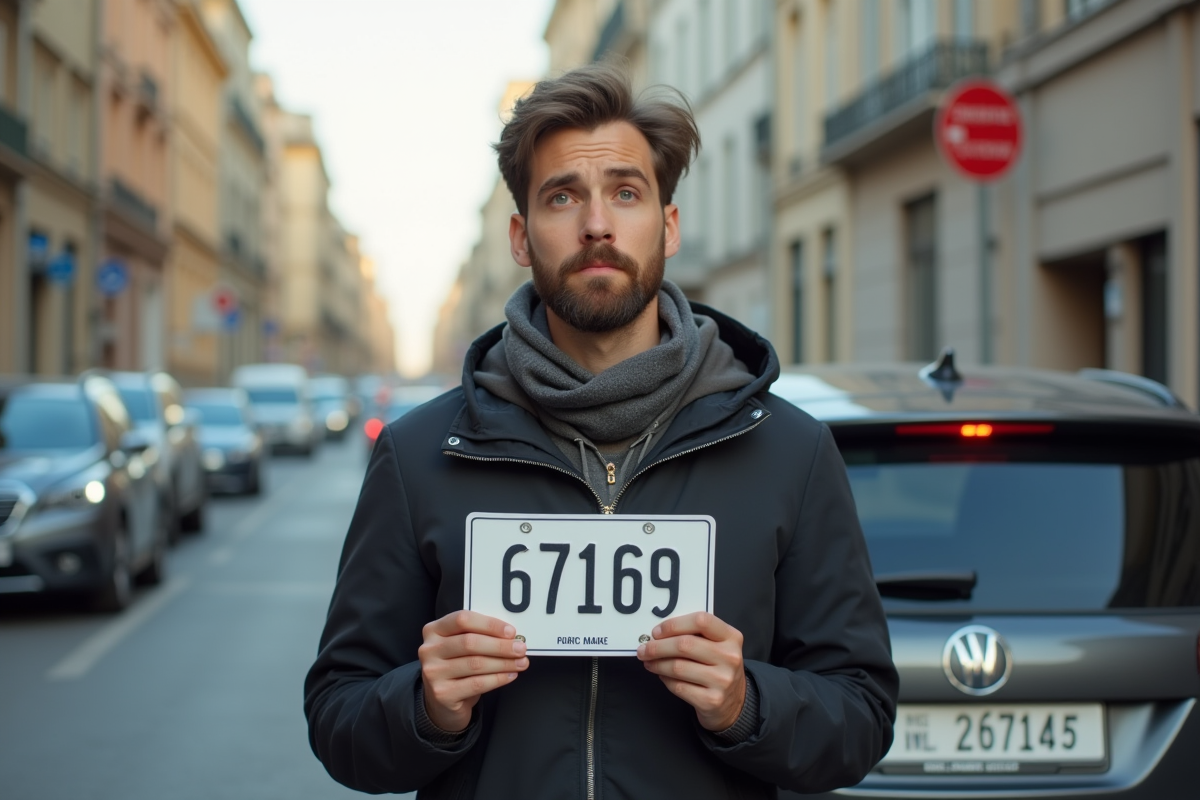 Personne tenant une plaque d'immatriculation avec expression confuse en ville