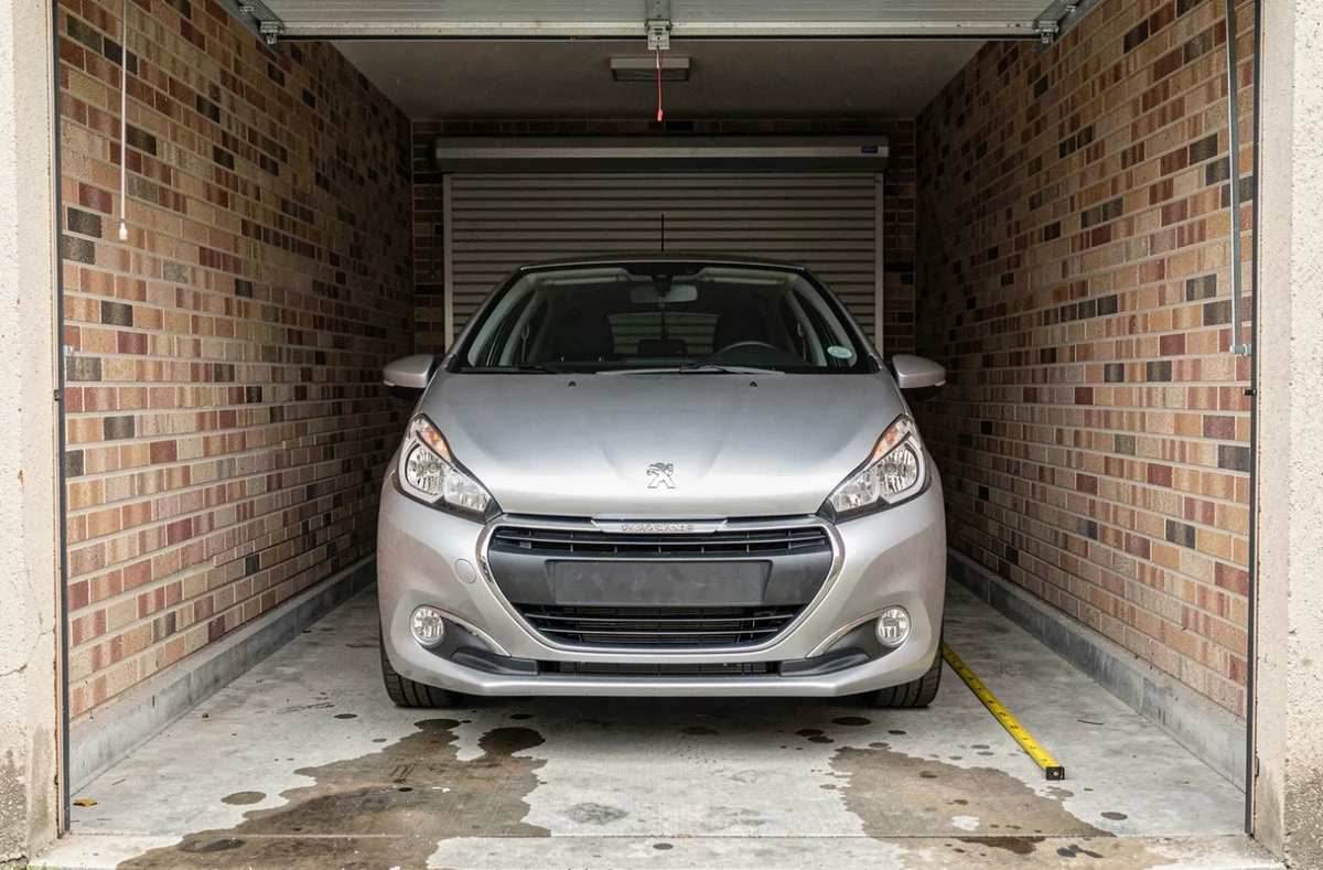 Peugeot 208 garée dans un box individuel étroit avec mètre ruban au sol pour mesurer l'espace