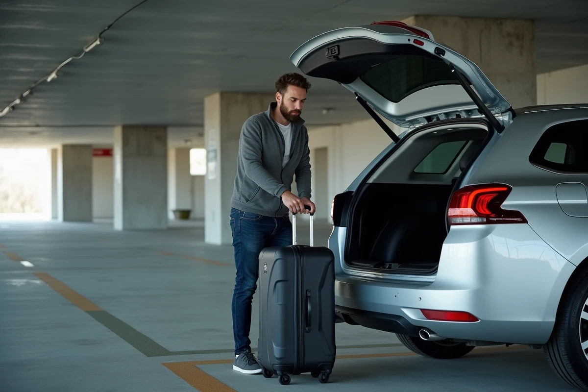 Homme chargeant une grande valise dans le coffre d'une Peugeot 308 SW dans un parking souterrain