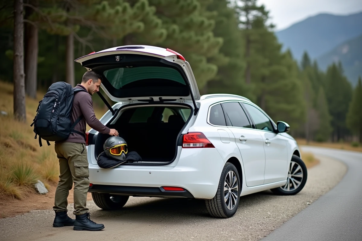 Peugeot 308 SW phase 2 chargée au départ d'une randonnée avec vélo et sac à dos