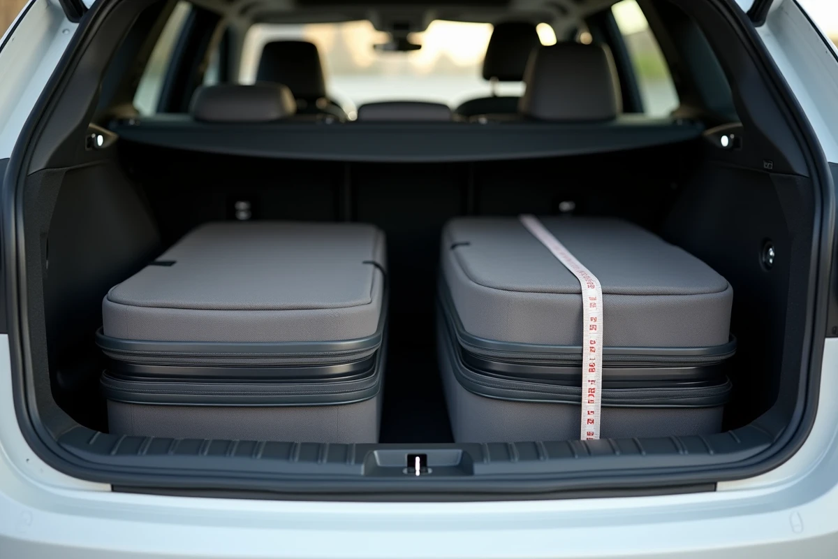 Intérieur du coffre de la Peugeot 308 SW avec trois valises organisées et un mètre ruban