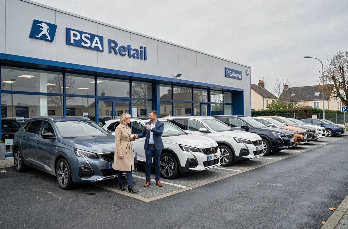 Concession Peugeot PSA Retail à Clamart avec une rangée de véhicules d'occasion et des clients en extérieur