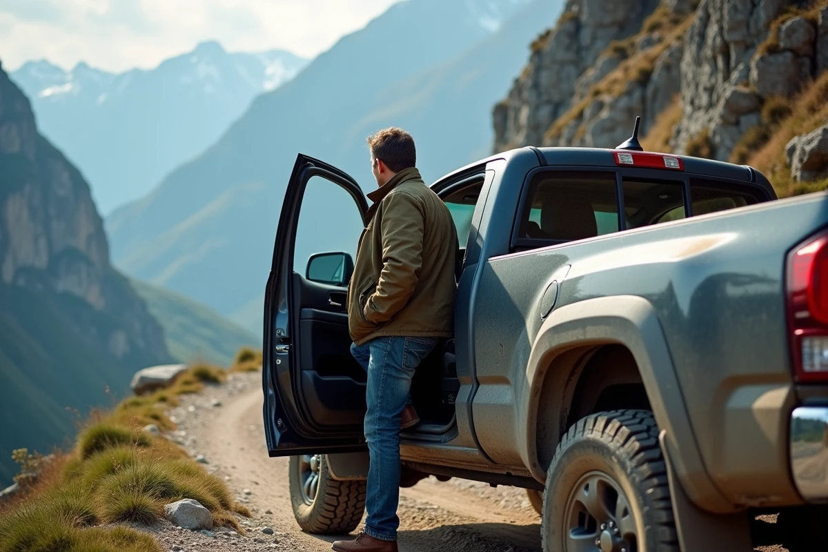 Homme sortant d'un pick-up Dacia 2026 sur une piste rocailleuse en montagne, vue 4x4 tout-terrain