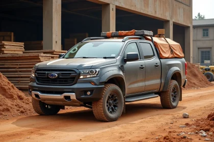 Pick-up Dacia 2026 chargé d'outils sur un chantier de construction, vue 3/4 avant sur sol poussiéreux