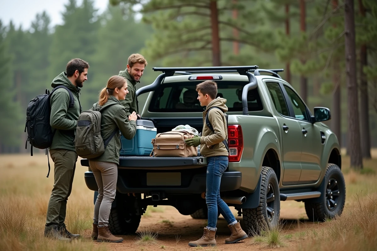 Famille chargeant un camping-car dans un pick-up Dacia 2026 au bord d'une forêt de pins pour un voyage de loisirs