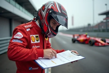 Pilote en combinaison rouge étudiant une grille tarifaire d'un stage de pilotage sur circuit automobile