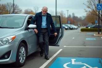 Homme handicapé sortant de son véhicule stationné sur une place de parking réservée aux personnes à mobilité réduite, badge bleu visible sur le tableau de bord