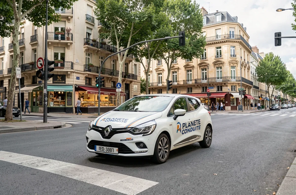 Voiture école de Planète Conduite Formation circulant dans une avenue de Montreuil