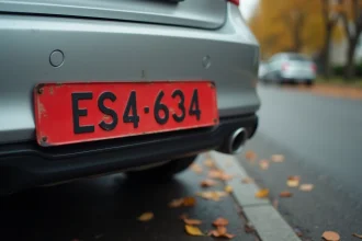 Plaque d'immatriculation rouge temporaire sur une voiture garée dans une rue française