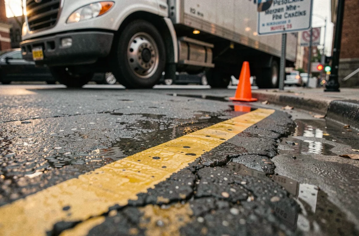 Gros plan sur des pointillés jaunes au sol délimitant une place de livraison sur asphalte mouillé en zone urbaine