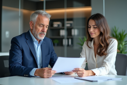 Deux professionnels examinent des documents d'assurance au bureau