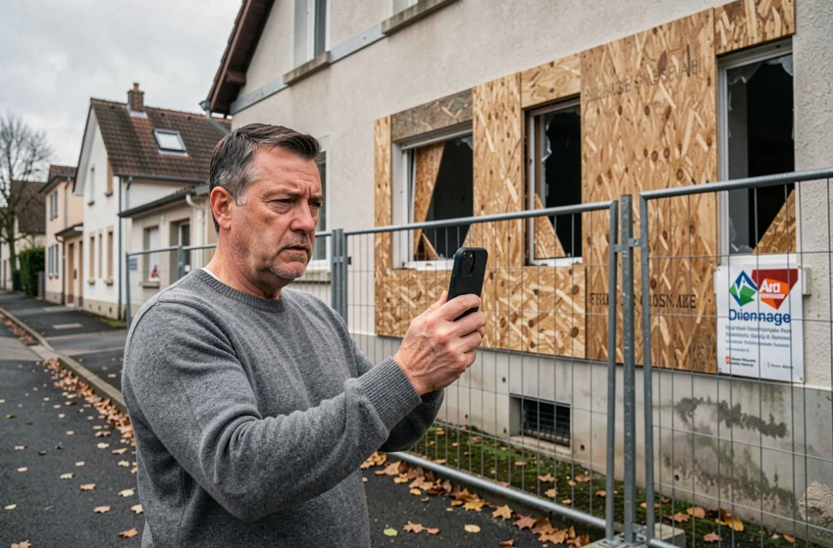 Propriétaire photographiant les dommages de sa maison sécurisée par une société de gardiennage après sinistre