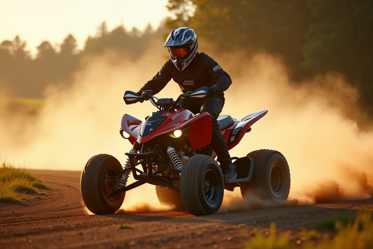 Quad 500cc en course sur piste ensoleillee avec foret