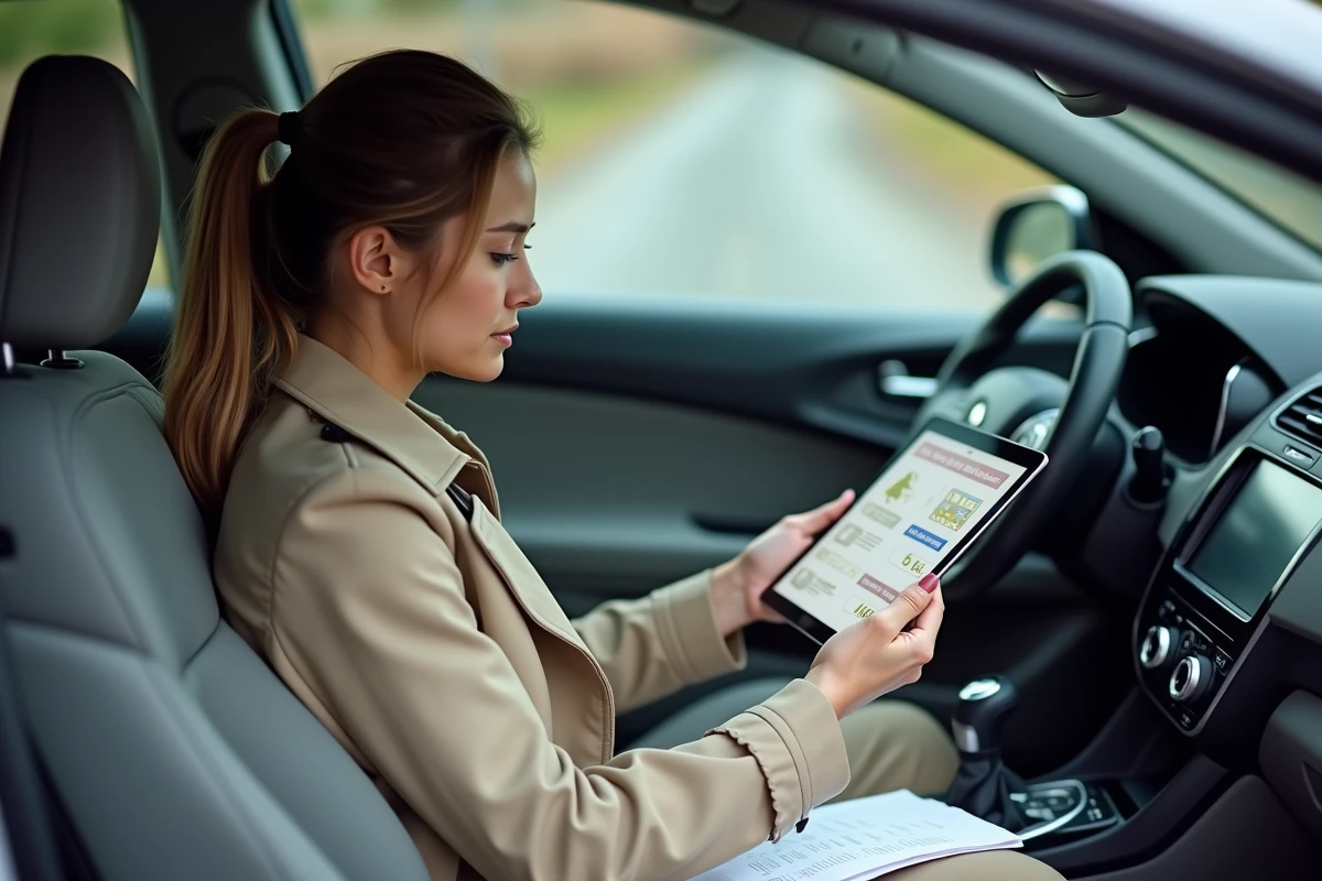 Femme révisant les questions du permis de conduire 2026 sur tablette avec PDF dans une voiture garée
