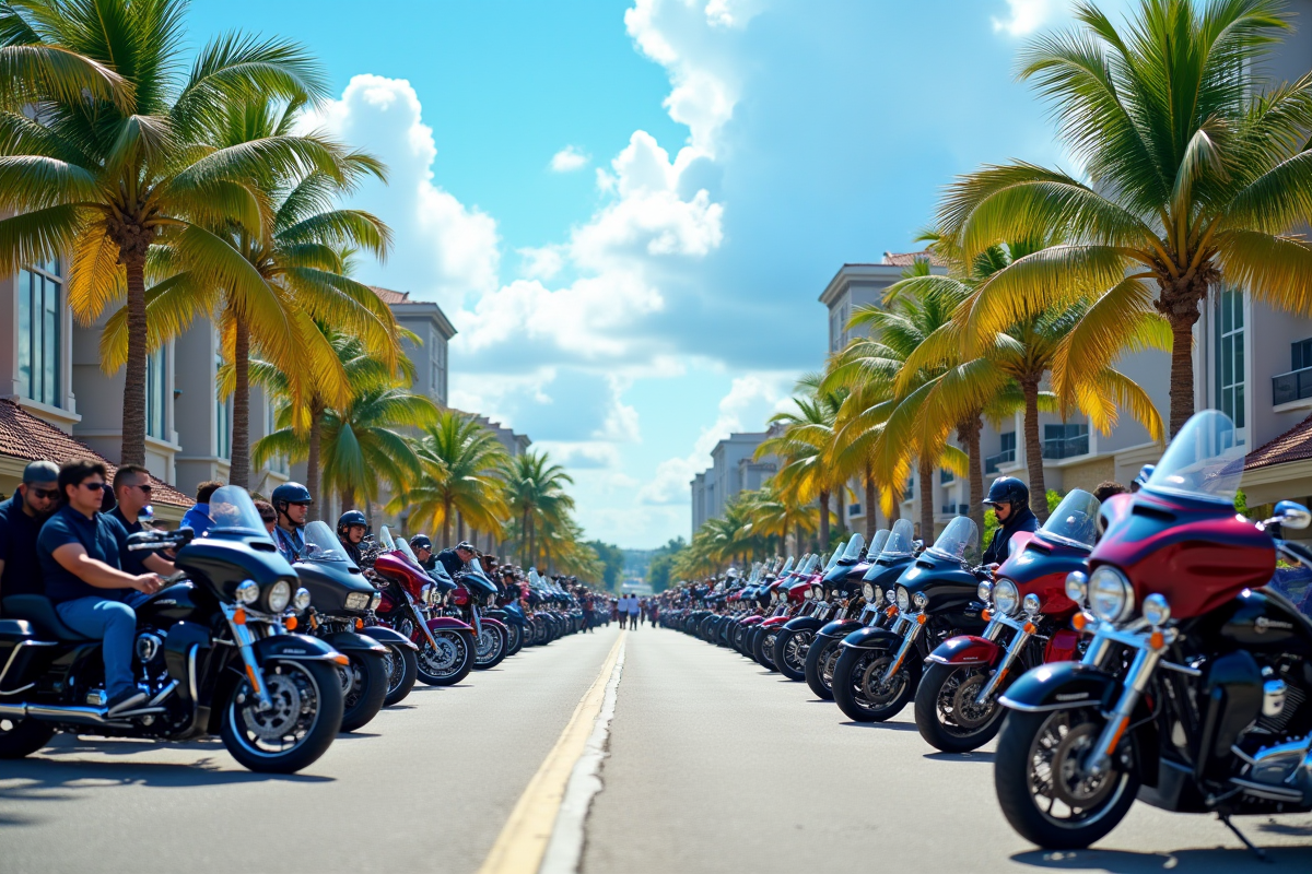 Rassemblement de motards en Floride avec motos et palmiers en plein air
