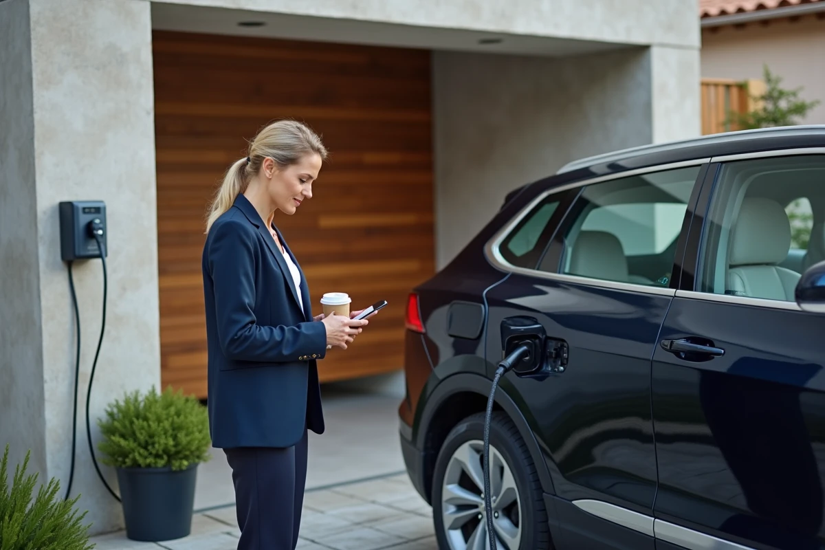 Femme rechargeant un SUV électrique 4x4 à une wallbox installée sur un garage résidentiel, illustrant la recharge à domicile au quotidien