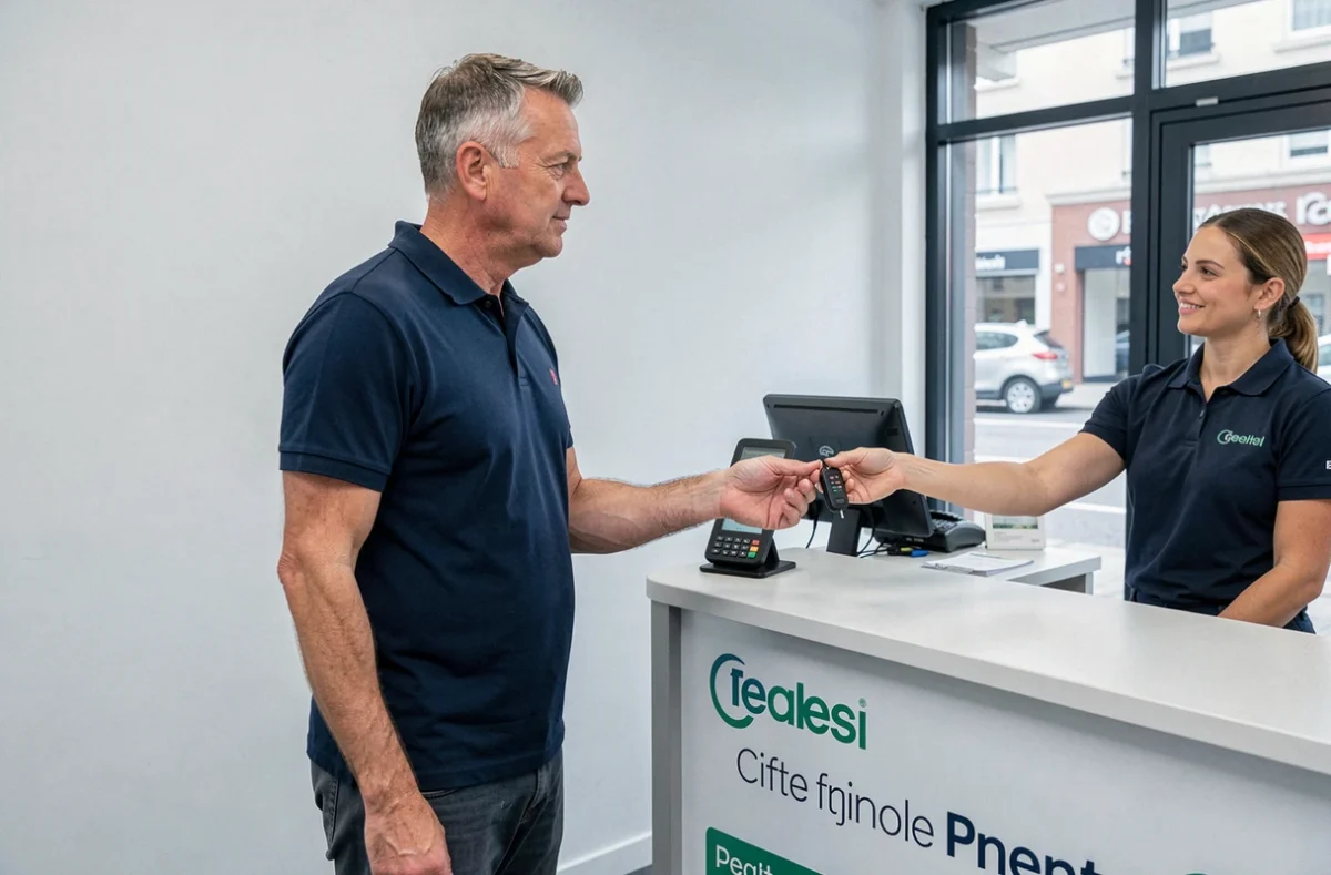 Client recevant les clés d'une voiture sans permis dans une agence de location à Orléans