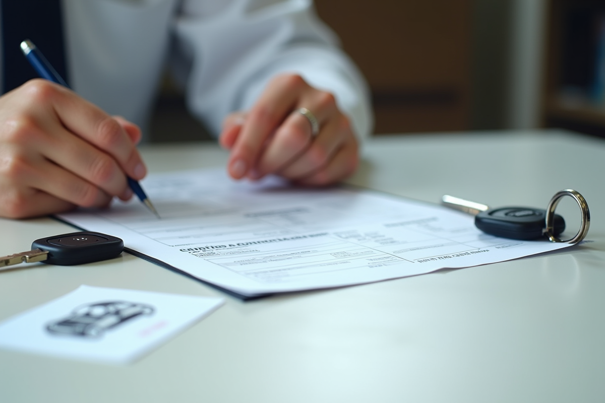 Main remplissant un formulaire de vente de voiture avec clés et carte