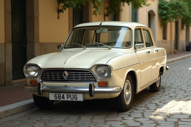 Renault 12 berline youngtimer garée sur un pavé dans un village de province française, carrosserie blanc crème avec patine authentique