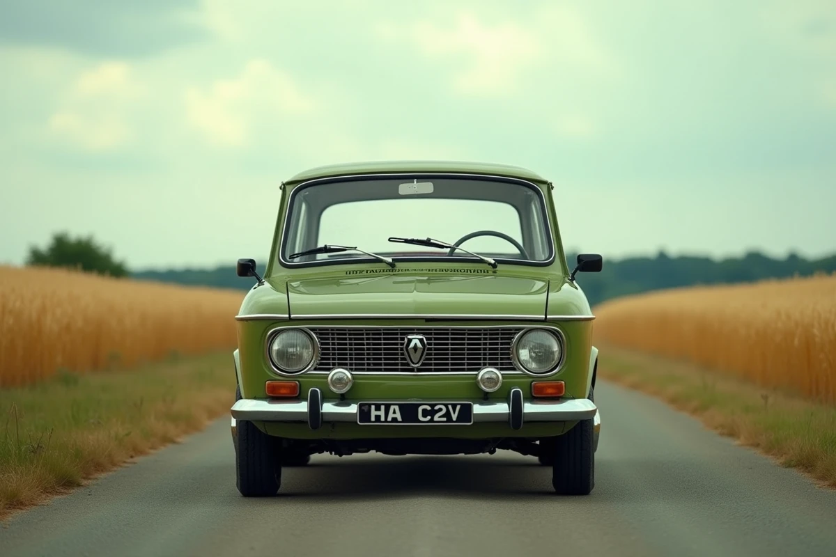 Renault 12 verte garée sur une route de campagne française avec des champs de blé dorés, photographie éditoriale style reportage
