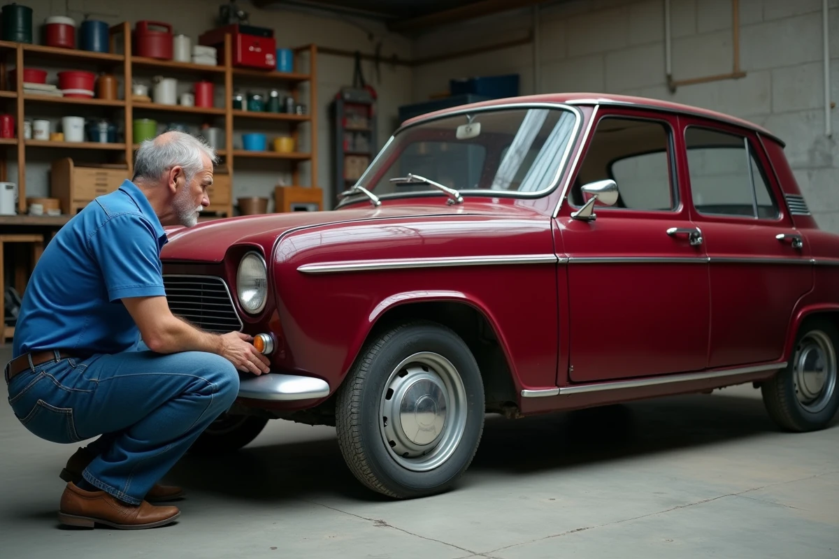 Propriétaire inspectant la carrosserie d'une Renault 12 bordeaux dans un garage privé, ambiance atelier mécanique vintage