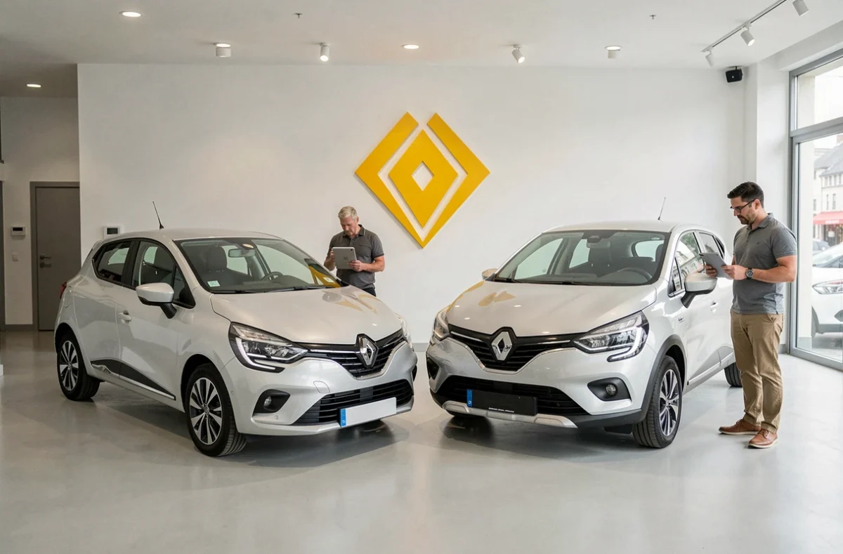 Concession Renault à Boulogne-Billancourt avec des modèles d'occasion exposés et un client en visite