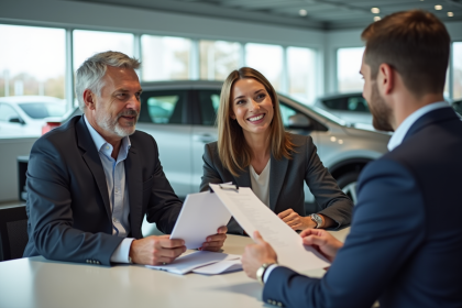 Couple sérieux avec conseiller automobile dans un showroom