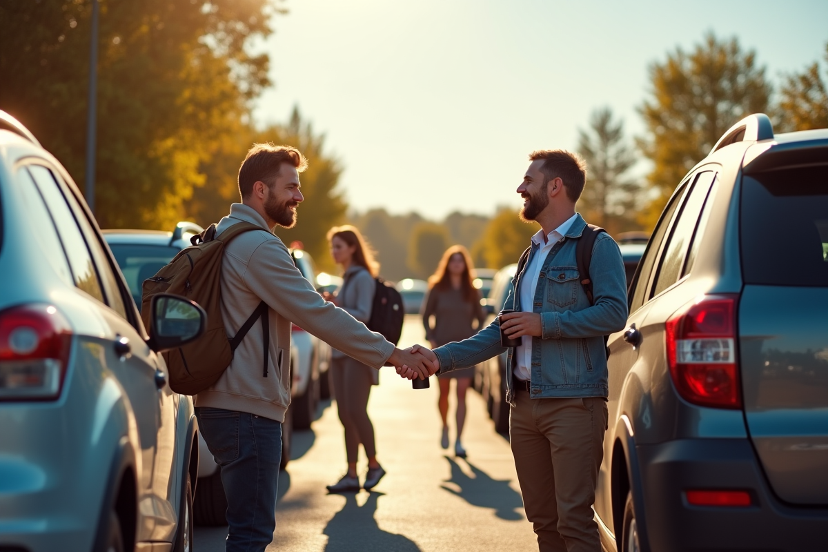Gens se saluant dans un parking extérieur avec voitures partagées sous un ciel ensoleillé