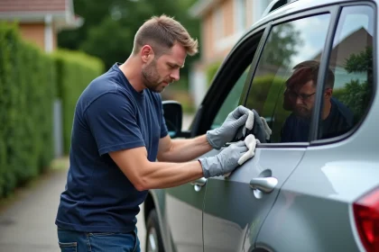 Homme appliquant un r&eacute;novateur plastique sur une voiture SUV
