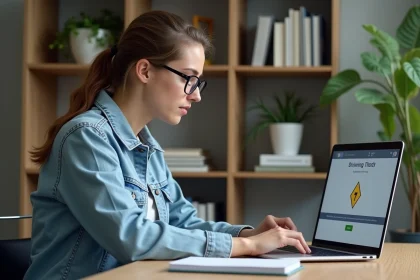 Jeune femme révisant le code de la route 2026 sur ordinateur portable avec panneau losange jaune affiché