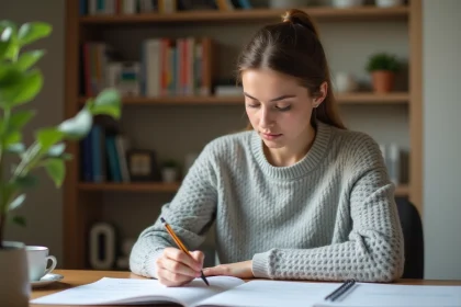 Jeune femme révisant le code de la route à son bureau pour anticiper le renouvellement avant expiration