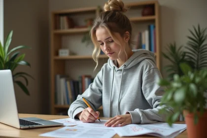 Jeune femme révisant les questions du permis de conduire 2026 avec fiches et PDF sur un bureau en bois