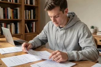 Jeune homme révisant des questions de code de la route avec des documents imprimés et corrigés sur un bureau en bois