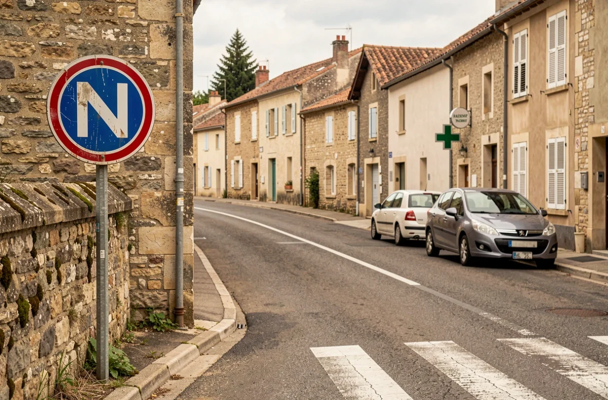 Panneau de route nationale française dans un bourg de province avec architecture en pierre et rue commerçante traditionnelle