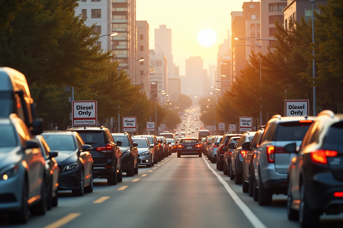 Rue urbaine animée avec voitures diesel et skyline en arrière-plan