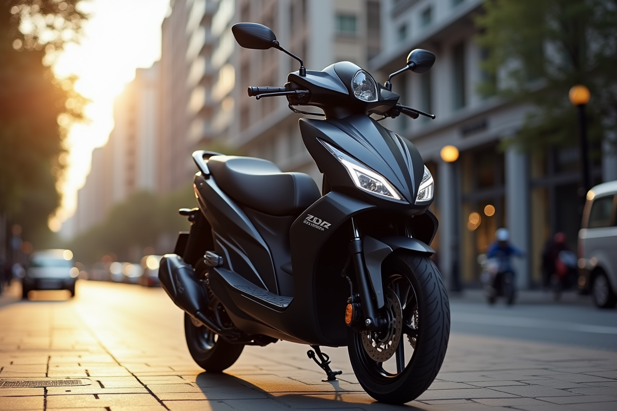 Scooter moderne haut de gamme en ville avec reflets du soleil