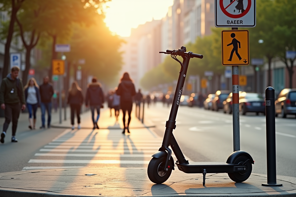 Scooter électrique garé près de panneaux de sécurité routière et passage piétons