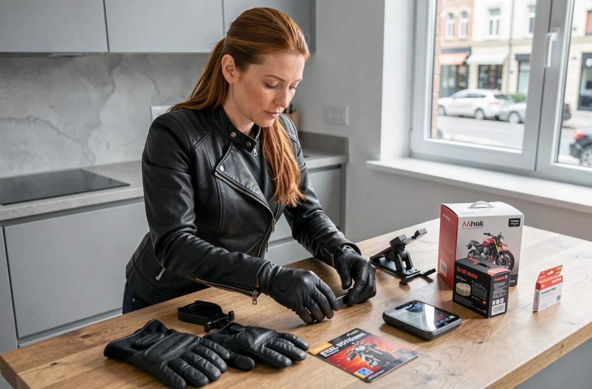 Femme préparant des cadeaux pour passionné de moto sur un comptoir moderne