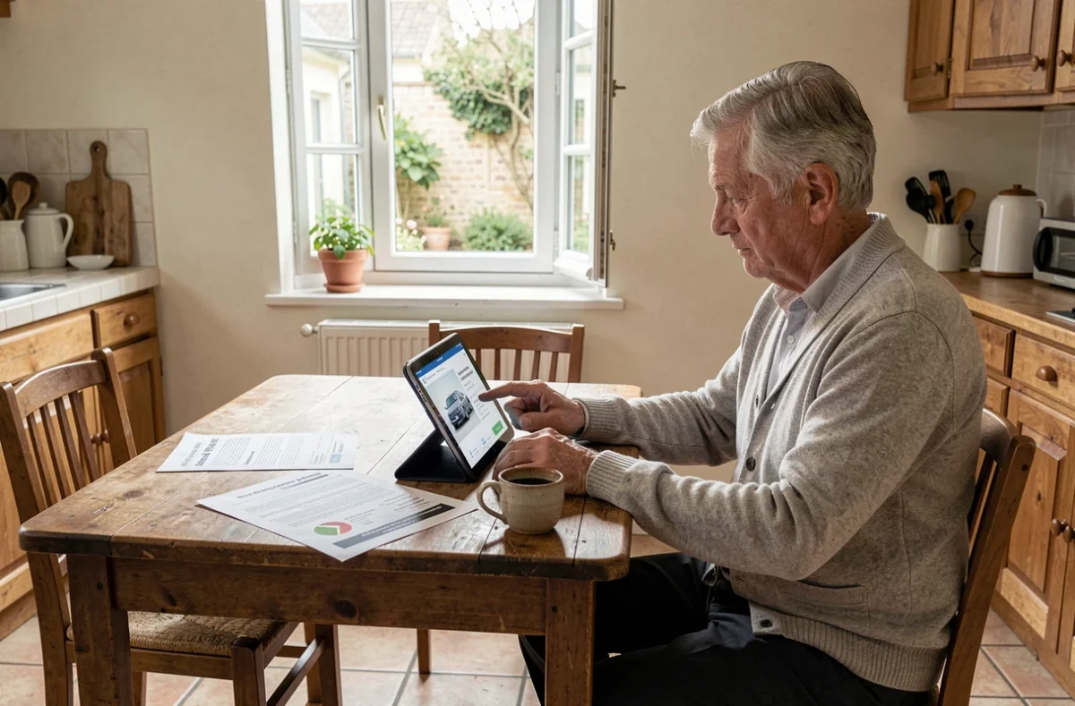 Senior comparant des assurances voiture sans permis sur tablette à une table de cuisine à domicile