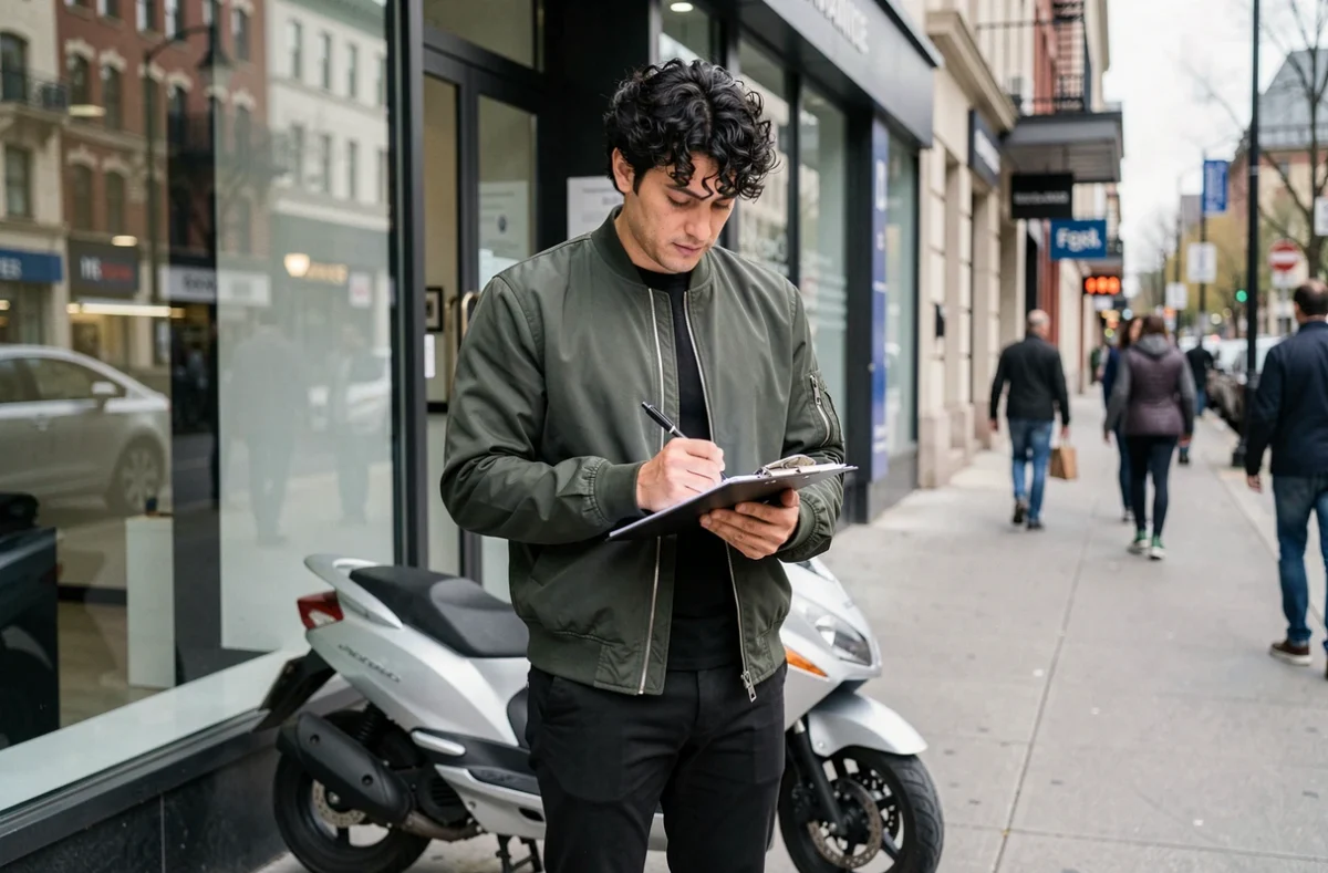 Jeune homme signant un nouveau contrat d'assurance scooter devant une agence